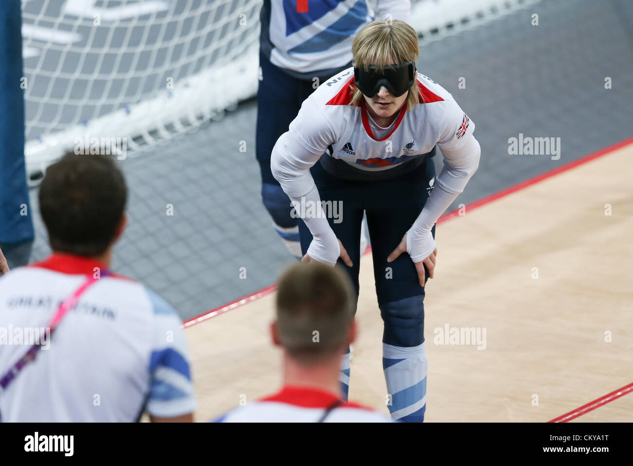 02.09.2012 London, England. womens goalball preliminaries match no. 28 GBR vs BRA J Luke (GBR) talks to coaches during Day 4 of the London 2012 Paralympic Games at the Copper Box in Stratford Stock Photo