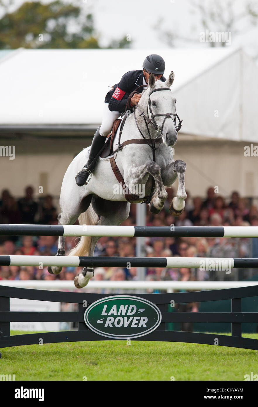 Burghley House, Stamford, UK - Kiwi eventer Andrew Nicholson and his horse Avebury show jumping during the  Land Rover Burghley Horse Trials, 2nd September 2012. Stock Photo