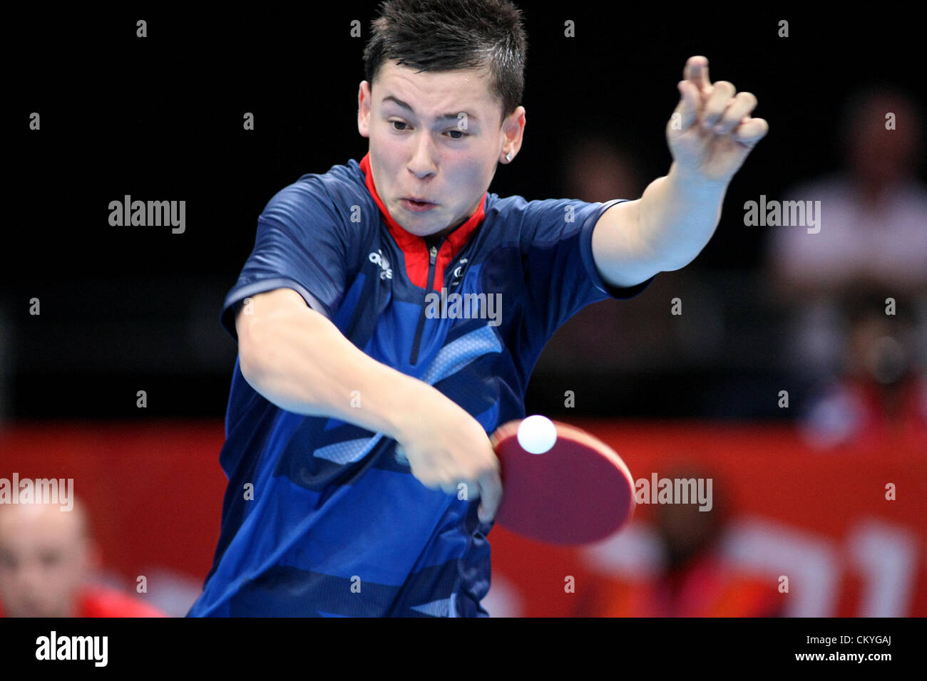 03.09.2012. London, England. Ross Wilson (GBR) in action during the Men's Singles - Class 8 Table Tennis during Day 3 of the London Paralympics from the Excel Arena Stock Photo