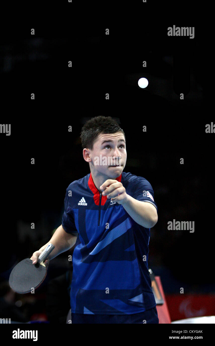 03.09.2012. London, England. Ross Wilson (GBR) in action during the Men's Singles - Class 8 Table Tennis during Day 3 of the London Paralympics from the Excel Arena Stock Photo