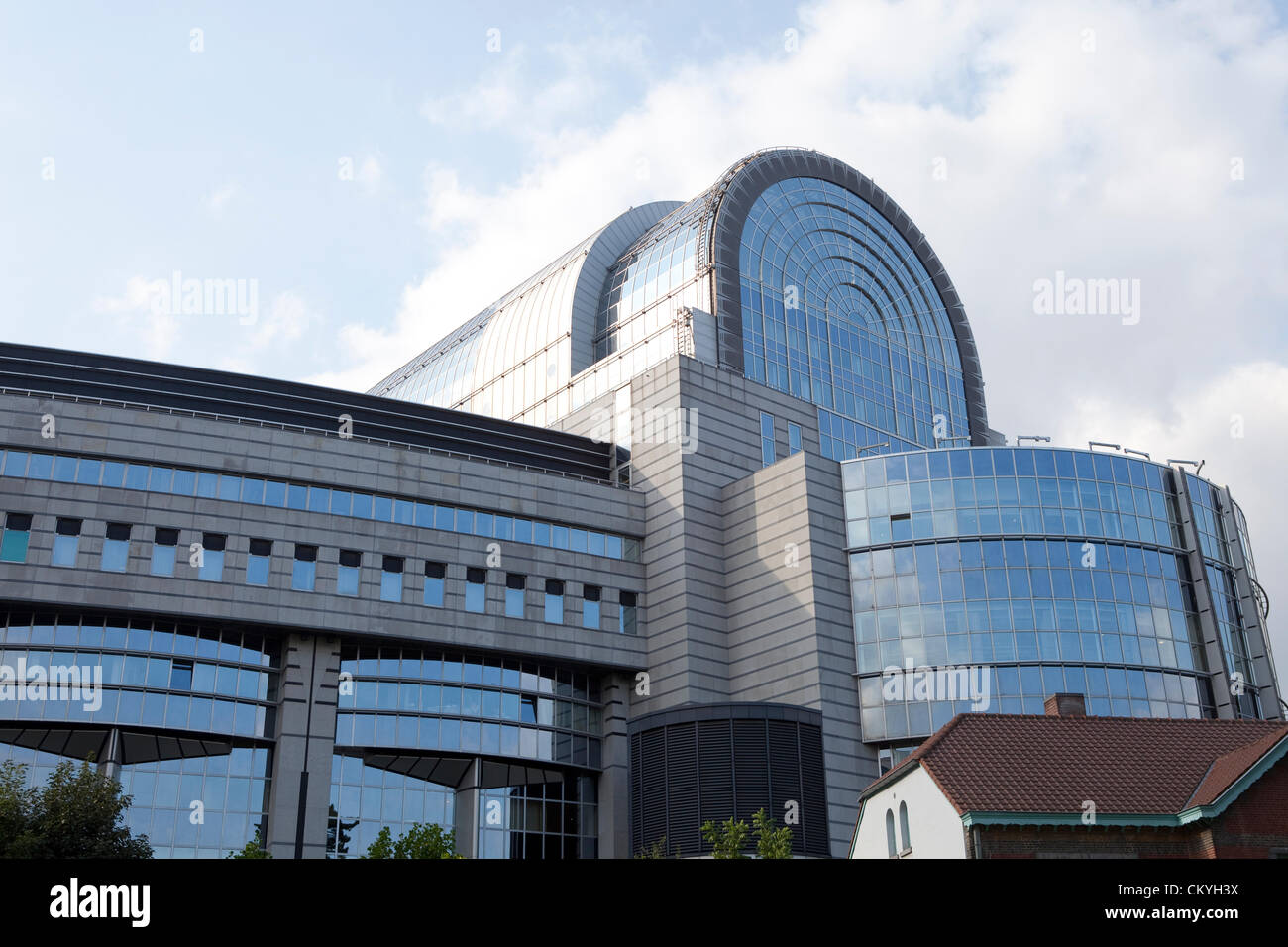 3 Sep 2012 - Brussels (Belgium) - Illustration picture shows the PHS building of the headquarters of the European Parliament in Brussels. Today a part of this building, including the debating chamber, has been closed, due to cracks on the wooden beams carrying the roof. © BERNAL REVERT Stock Photo