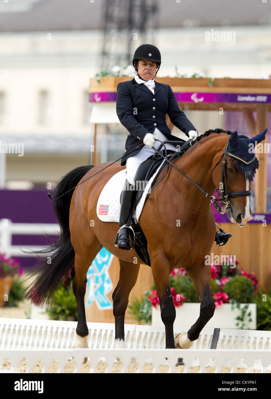 USA's Donna Ponessa rides her horse, Western Rose, in the Individual Dressage Class 1A finals at the London Paralympics Stock Photo