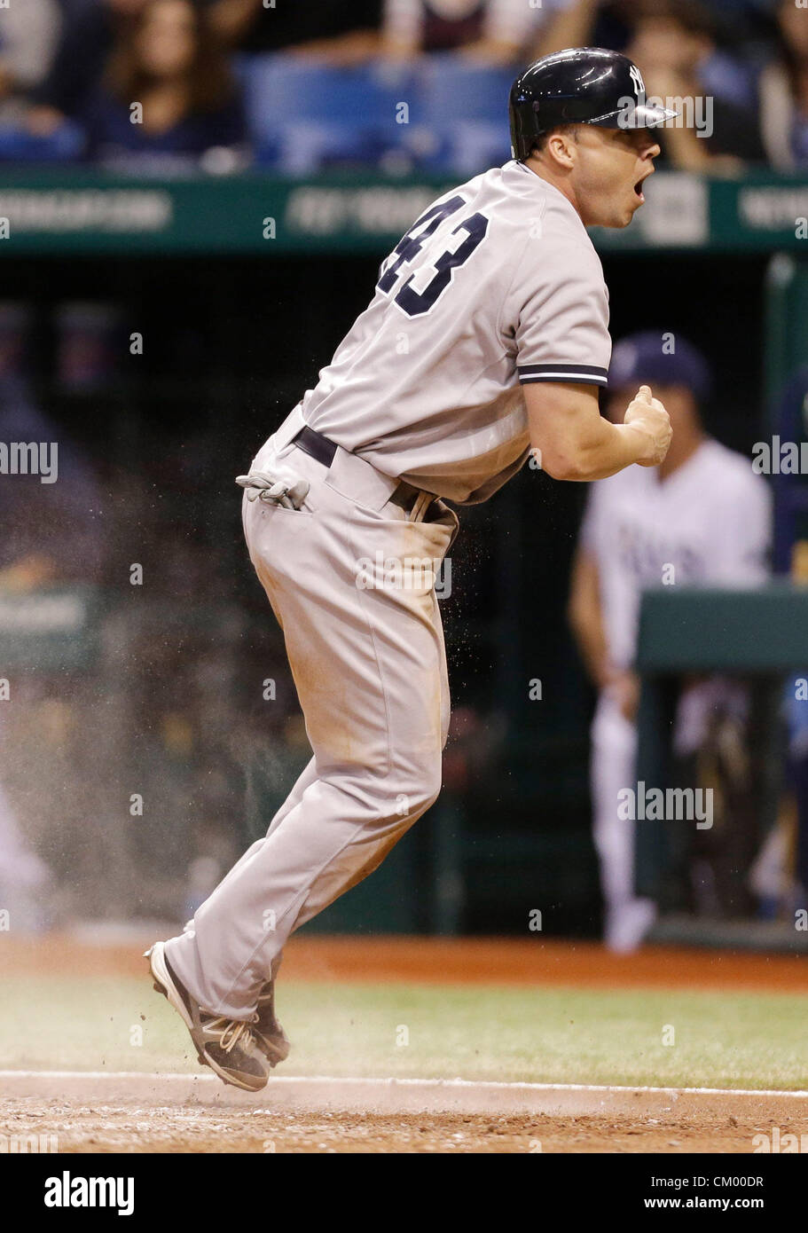 Sept. 5, 2012 - St. Petersburg, Florida, U.S. - JAMES BORCHUCK  |   Times.SP 358134 BORC rays (09/05/12) (St. Petersburg, FL) Steve Pearce yells after scoring in the seventh giving the Yankees a 6-4 lead.    JAMES BORCHUCK  |   Times (Credit Image: © James Borchuck/Tampa Bay Times/ZUMAPRESS.com) Stock Photo