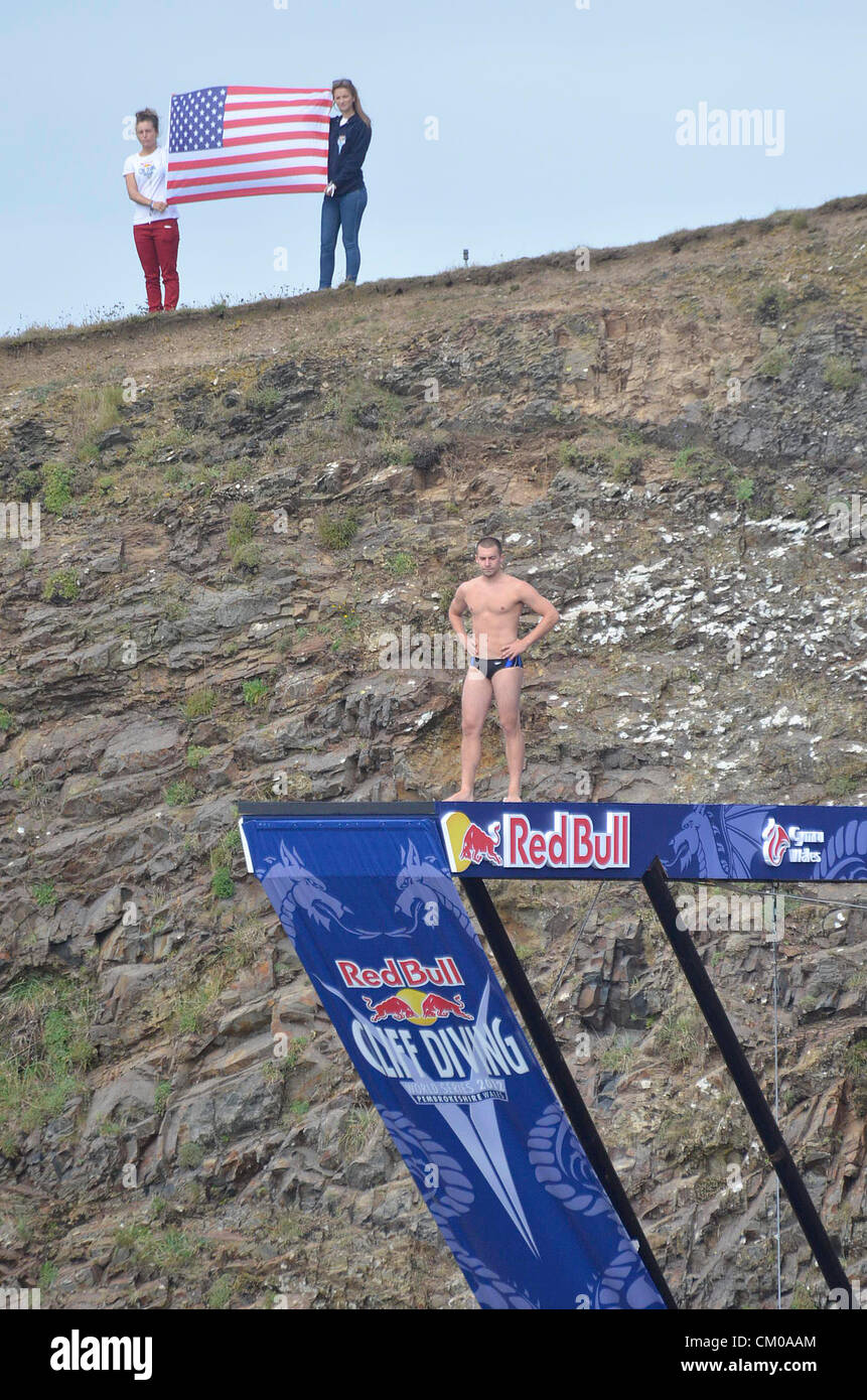 Blue Lagoon, St Davids, Wales, UK. Red Bull Cliff diving makes its long-awaited UK debut in Wales and the penultimate stop of the 2012 World Series on September 7-8. The Blue Lagoon was the location for the first ever UK Red Bull Cliff Diving competition. Credit:  andrew chittock / Alamy Live News Stock Photo