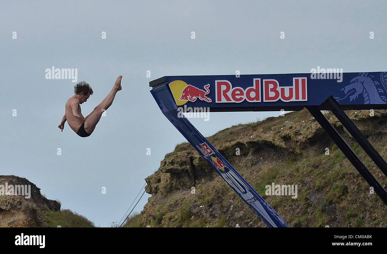 Blue Lagoon, St Davids, Wales, UK. Red Bull Cliff diving makes its long-awaited UK debut in Wales and the penultimate stop of the 2012 World Series on September 7-8. The Blue Lagoon was the location for the first ever UK Red Bull Cliff Diving competition. Credit:  andrew chittock / Alamy Live News Stock Photo