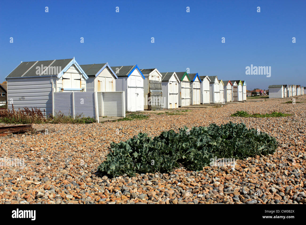 Goringbysea beach near Worthing, West Sussex, England, UK. Beach huts