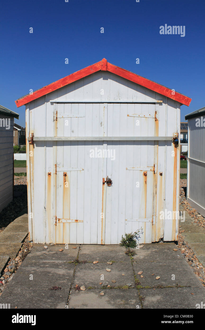 Goringbysea beach near Worthing, West Sussex, England, UK. Beach hut