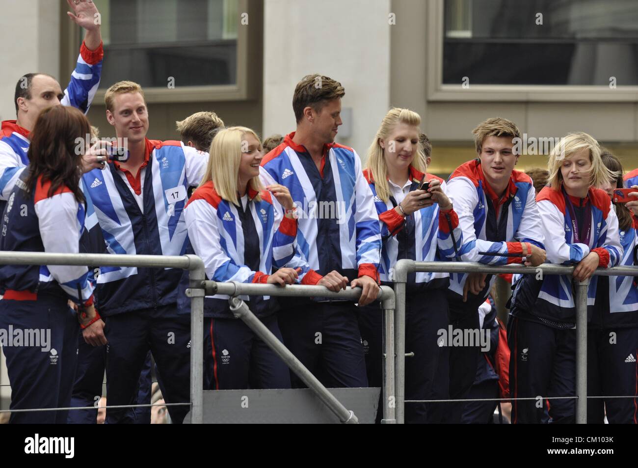 London, UK, Monday 10th September 2012. TeamGB's swimming team celebrate TeamGB's success on a procession of floats through central London, as part of the London 2012 Team GB Athletes Victory Parade. Stock Photo