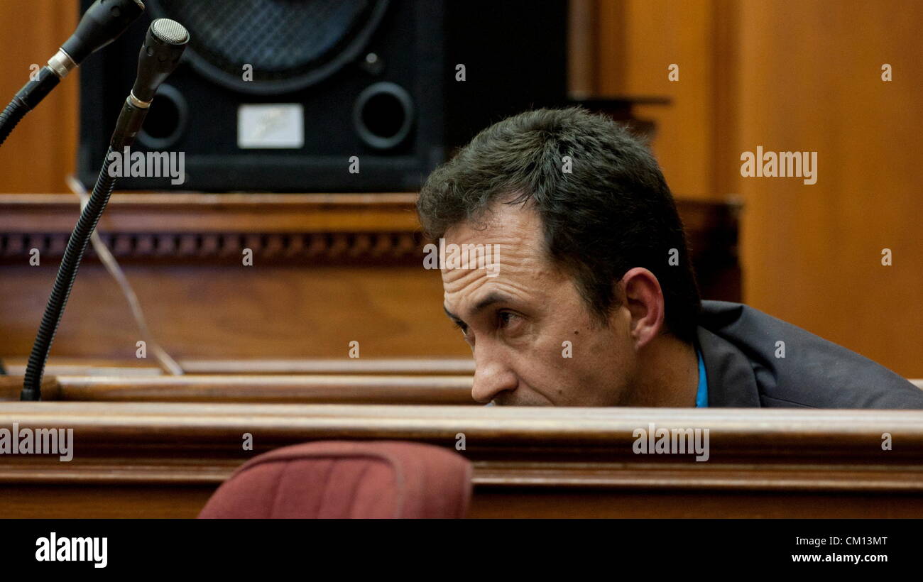 CAPE TOWN, SOUTH AFRICA: Captain Dolf Els in the Cape High Court on September 10, 2012 as Xolile Mngeni appears in connection with the murder of Anni Dewani in Cape Town, South Africa. Mngeni is accused of shooting Anni, in a murder allegedly plotted by her British husband Shrien Dewani. Captain Els gave testimony on the statement made by Mngeni following Anni’s murder. (Photo by Gallo Images / Foto24 / Ruan Springorum) Stock Photo