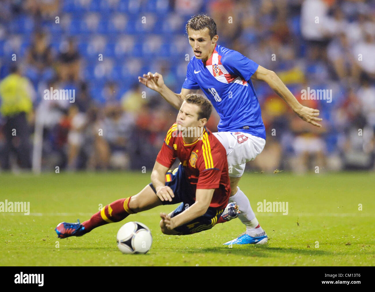 Alicante Spain 10th September 2012 Ante Budimir Croatia Right Fouls Jose Fernandez Nacho In The Qualifying Match Spain Vs Croatia For The Under 21 Football European Championships Israel 2013 In Rico Perez Stadium In