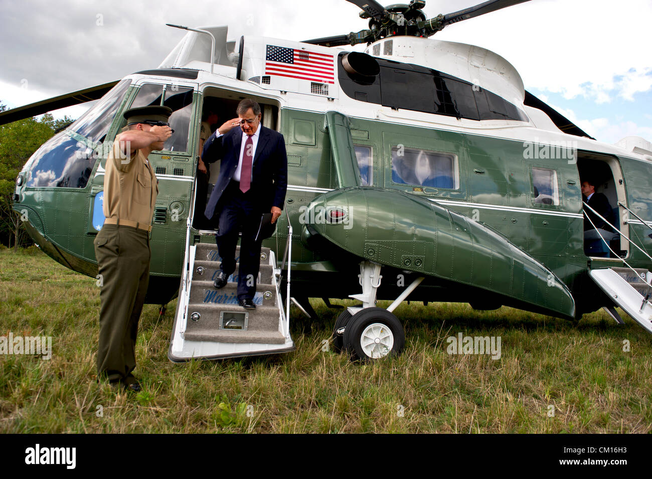 US, Secretary of Defense Leon Panetta arrives at the Flight 93 Memorial Plaza in Shanksville, Pennsylvania to pay respects to those killed during the 9/11 attacks the day before the anniversary September 10, 2012. Stock Photo