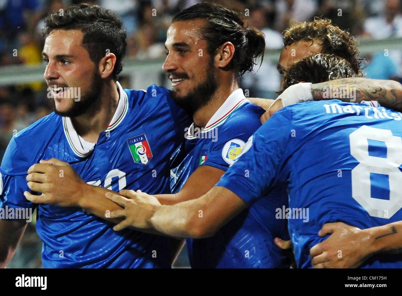 11.09.2012. Modena, Italy.   Celebrations After the goal from Mattia Destro Italy with Pablo Osvaldo  World Cup 2014 qualification match, Italy versus Malta, Modena, Italy.  Italy won with a disappointing 2-0 win. Stock Photo