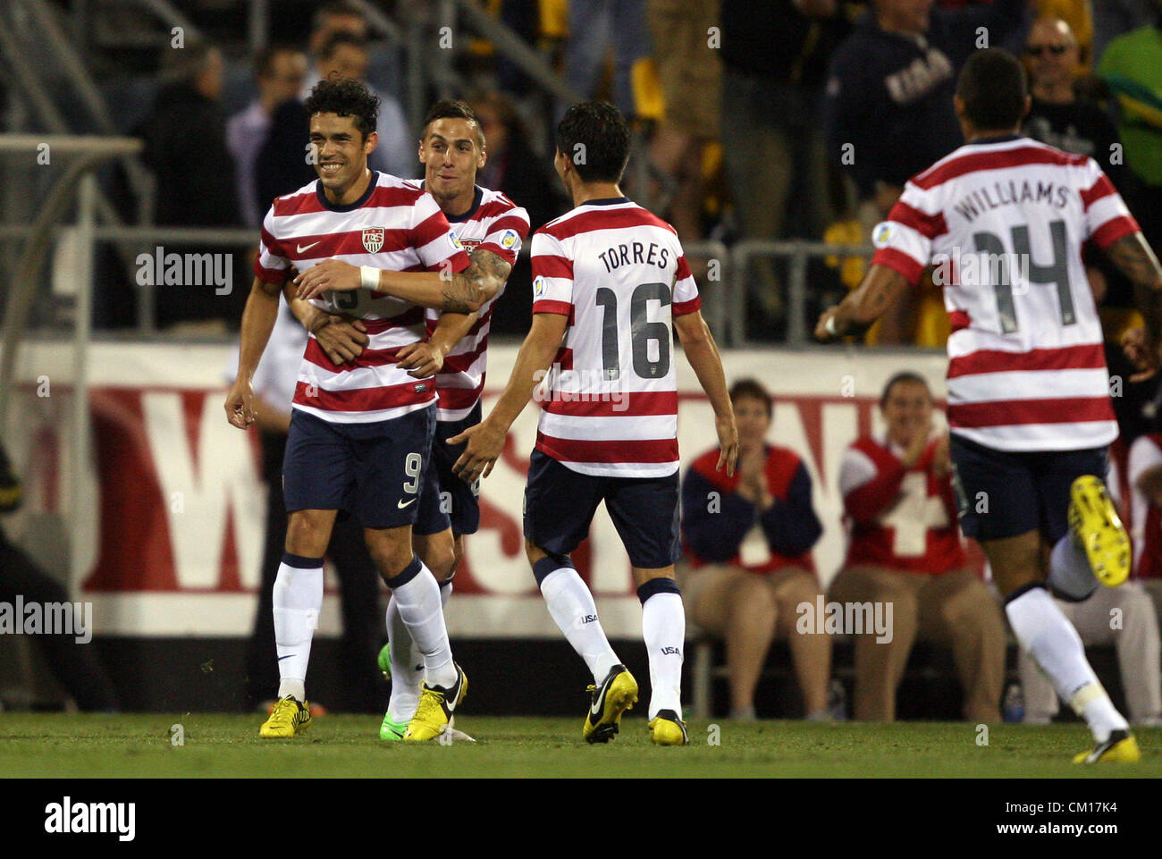 11.09.2012. Columbus, Ohio, USA.  Herculez Gomez (USA) (9) celebrates his goal with Geoff Cameron (USA) (behind), Jose Francisco Torres (USA) (16) and Danny Williams (USA) (14). The United States Men's National Team defeated the Jamaica Men's National Team 1-0 at Columbus Crew Stadium in Columbus, Ohio in a CONCACAF Third Round World Cup Qualifying match for the FIFA 2014 Brazil World Cup. Stock Photo