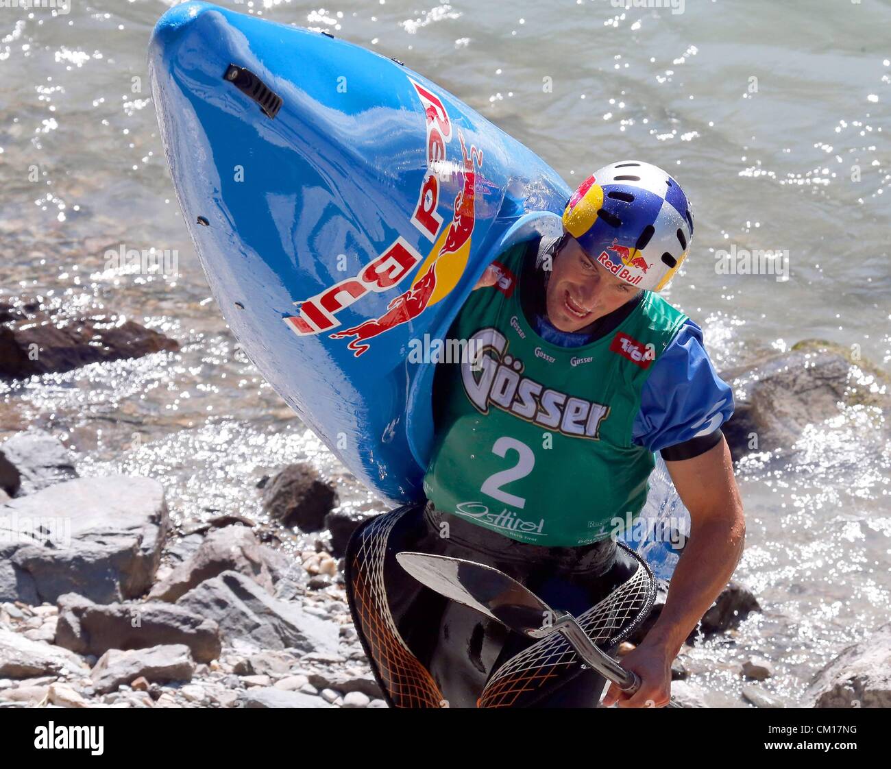 08.09.2012. Lienz, Austria. Extreme sports Red Bull Dolomitenmann 2012  Lienz Austria Extreme sports Canoe Red Bull Dolomitenmann Kayak Wild water  Picture shows Harald Hudetz AUT The Dolomitemann endurance race is four  types