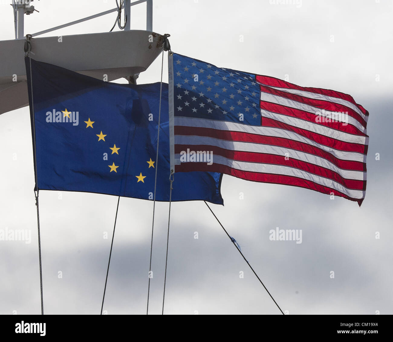 July 4, 2012 - Haines Borough, Alaska, US - The flags of the United States of America and the State of Alaska fly from the mast of the MS Zaandam of the Holland America Line anchored in Haines, Alaska. (Credit Image: © Arnold Drapkin/ZUMAPRESS.com) Stock Photo