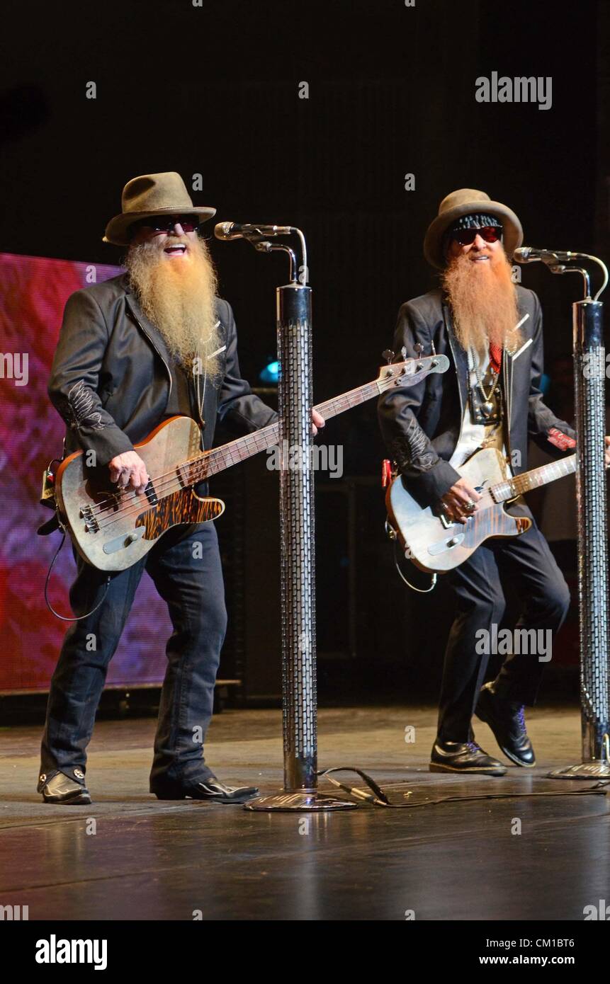 New York, USA. 12th September 2012. Dusty Hill, Billy Gibbons on stage for ZZ Top in Concert at The Beacon, Beacon Theatre, New York, NY September 12, 2012. Photo By: Derek Storm/Everett Collection/Alamy Live News Stock Photo