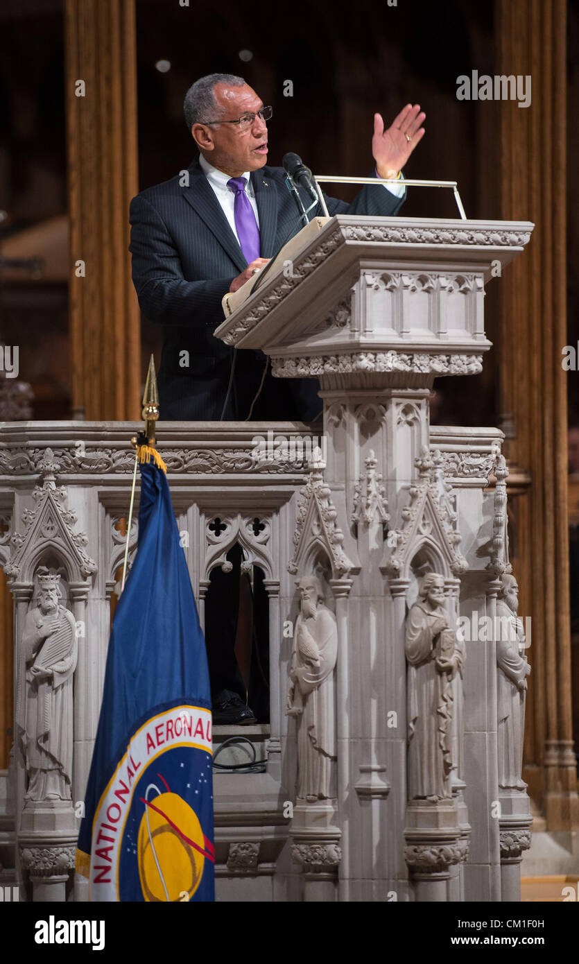 NASA Administrator Charles Bolden delivers a tribute  during a memorial service celebrating the life of Neil Armstrong September 13, 2012 at the National Cathedral in Washington, DC. Armstrong, the first man to walk on the moon during the 1969 Apollo 11 mission, died August 25. He was 82. Stock Photo
