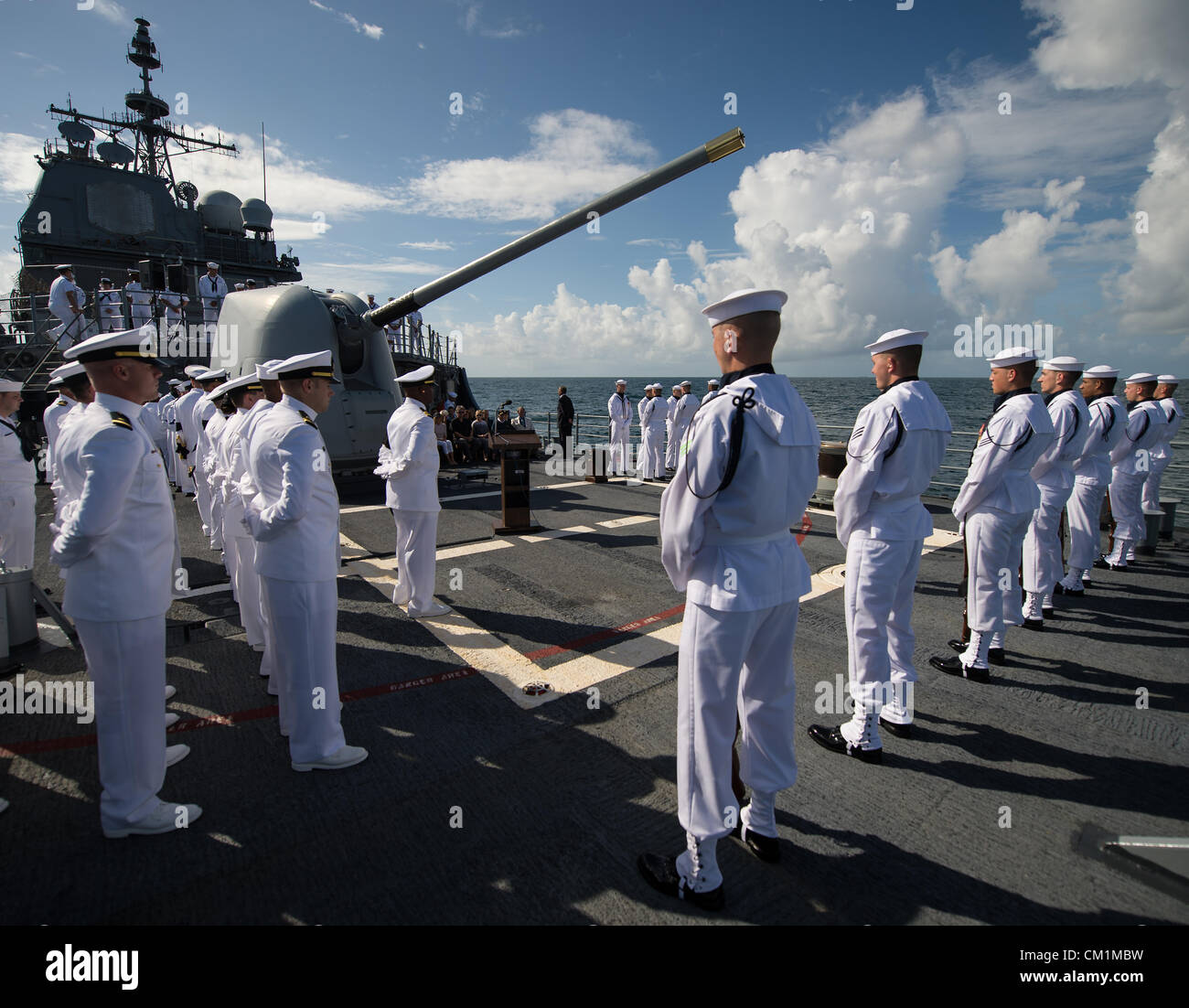 Members of the Navy prepare for the start of the burial at sea service for her husband Apollo 11 astronaut Neil Armstrong September 14, 2012 aboard the USS Philippine Sea in the Atlantic Ocean. Armstrong, the first man to walk on the moon during the 1969 Apollo 11 mission, died August 25. He was 82. Stock Photo