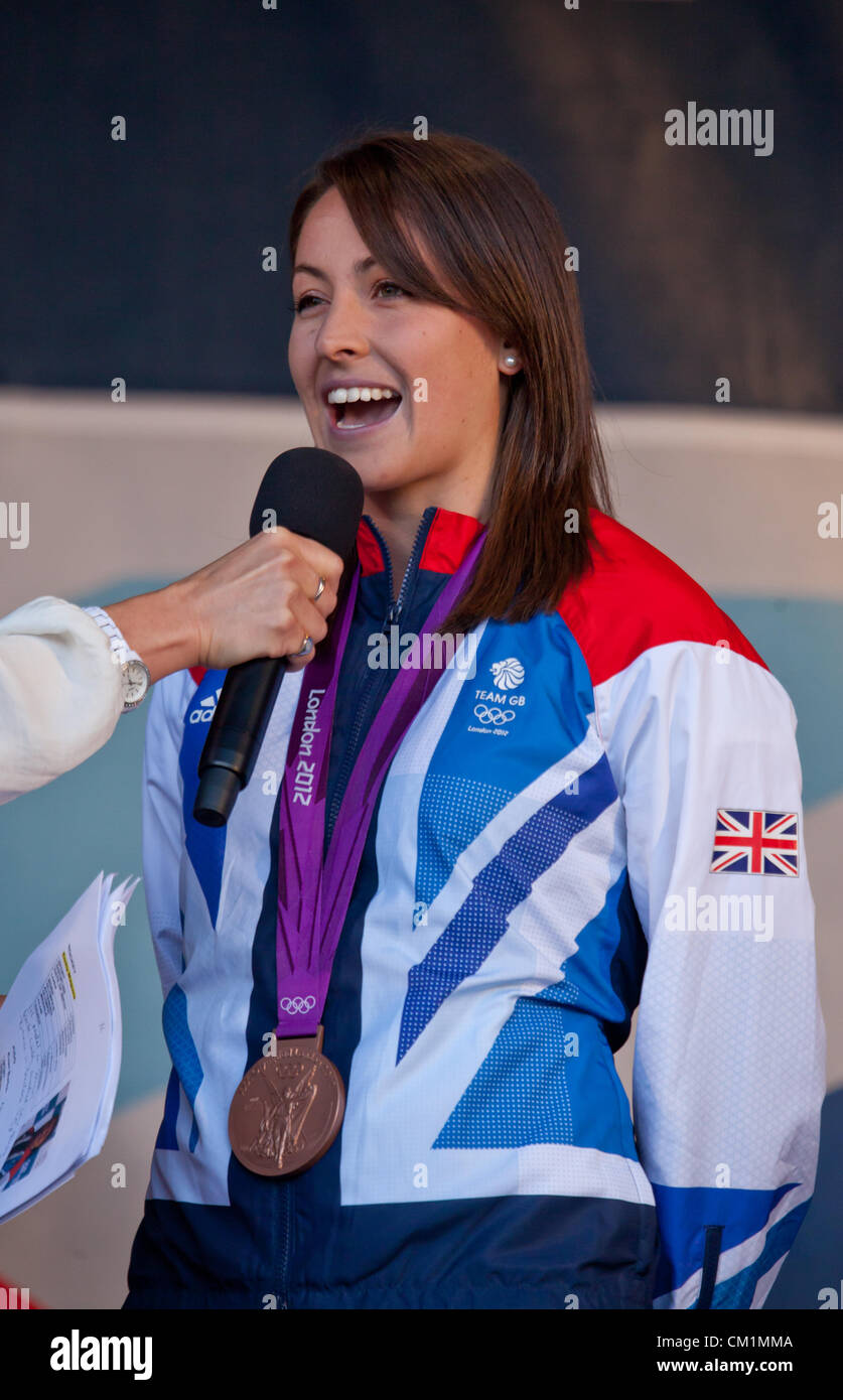 14th September, 2012. Emily Maguire, member of Team GB's bronze medal winning Field Hockey team, being interviewed at the end of the homecoming parade to honour Scotland's Olympians and Paralympians in George Square, Glasgow. Stock Photo