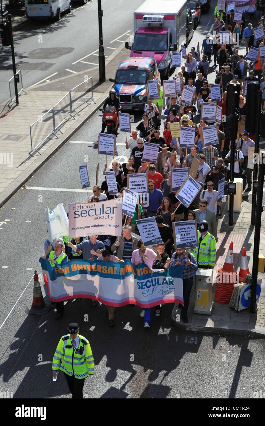 London, UK. 15th September 2012 The annual march by The Secular Europe Campaign took place in London. Participants of the march gathered at Storeys Gate and marched past Parliament Square and ended with a rally and speeches at Surrey Street. Stock Photo