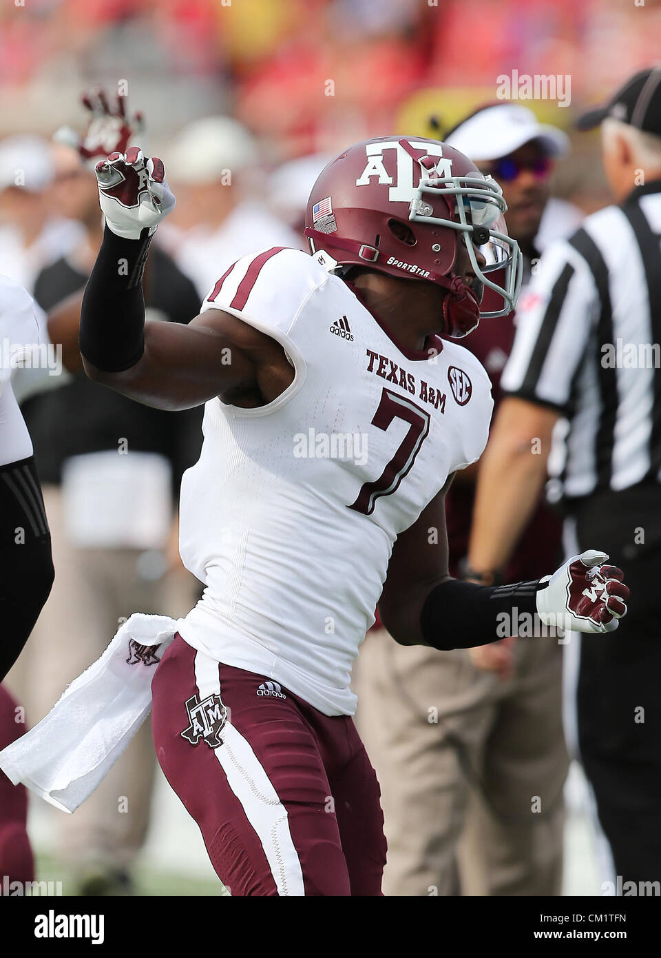 Sept. 15, 2012 - Dallas, Texas, United States of America - Texas A&M Aggies wide receiver Uzoma Nwachukwu (7) in action during the game between the Southern Methodist Mustangs and the Texas A&M Aggies at the Gerald J. Ford Stadium in Dallas, Texas. A & M defeats SMU 48 to 3. (Credit Image: © Dan Wozniak/ZUMAPRESS.com) Stock Photo