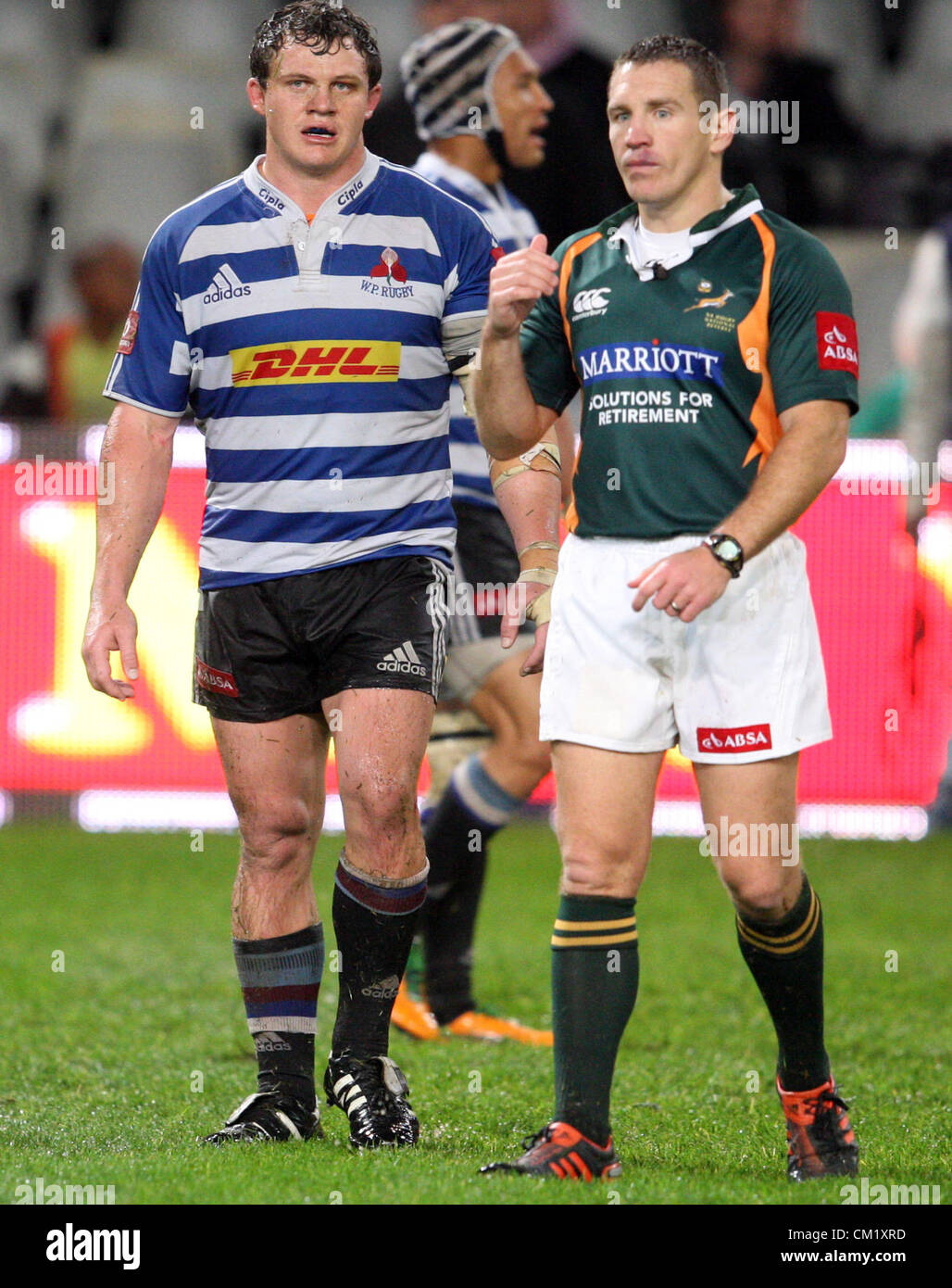 DURBAN, SOUTH AFRICA - SEPTEMBER 15, Deon Fourie (c) chats to Referee:  Lourens van der Merwe during the Absa Currie Cup match between The Sharks  and DHL Western Province from Mr Price