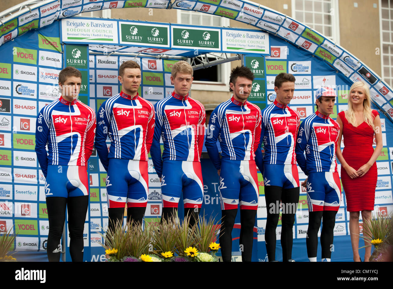 Members of Team Sky Procycling stand on the podium before the
