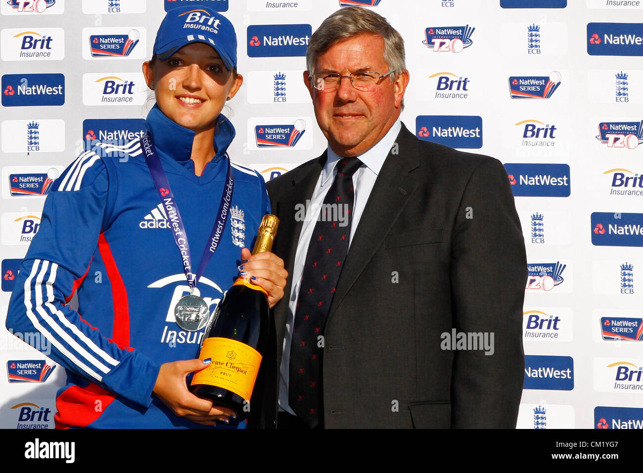 16/09/2012 Arundel, England. Sarah Taylor with the player of the tournament medal the fifth womens T20 International match between England and West Indies played at Arundel Castle Cricket Ground: Mandatory credit: Mitchell Gunn Stock Photo