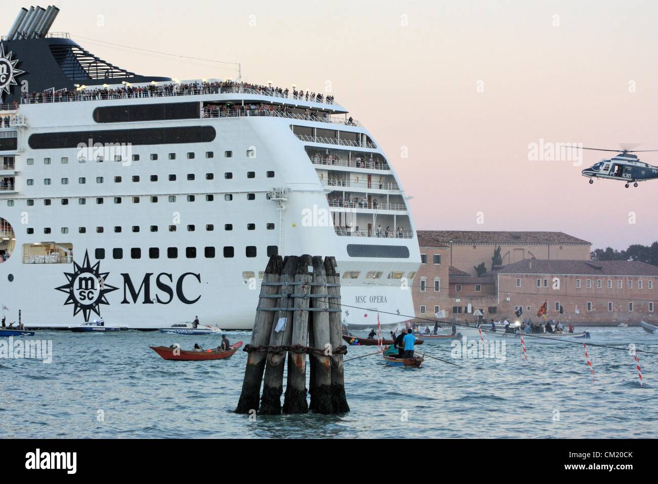 Protest against huge cruise ships in Venice, 16th September, 2012, in front of cruise ship MSC Opera Stock Photo