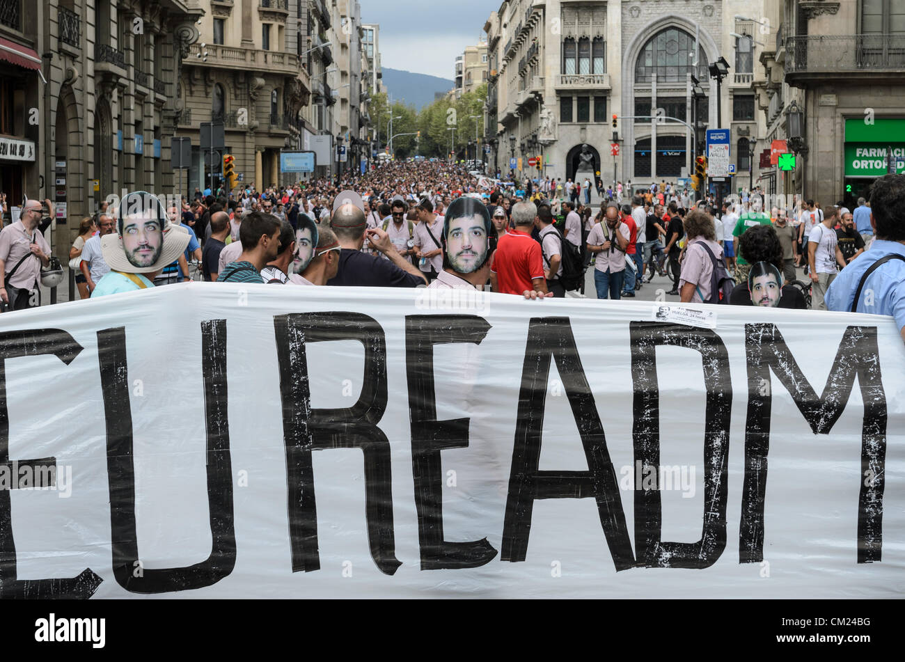 Demonstrators against austerity cuts and the readmission of a fired colleague of the TMB (Metropolitan Transport of Barcelona) on September 17th, Barcelona, Spain. Stock Photo