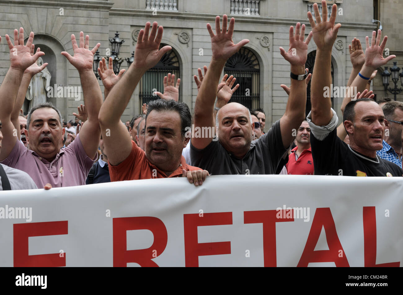 Employees of the TMB (Metropolitan Transport of Barcelona) protest in front of the Catalan Government against austerity cuts in their sector during the general strike on September 17th, in Barcelona, Spain. Stock Photo