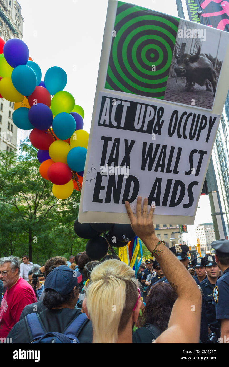 New York, NY, USA, Large Crowd People, From Behind, protesters marching, Holding Protest Signs, Occupy Wall Street, Act Up New York AIDS Activist, HIV gay community, aids protest, act up poster, US AIDS epidemic Stock Photo