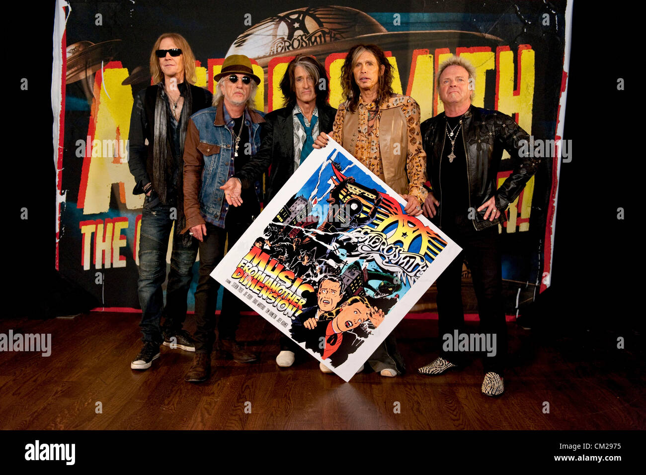 Sept. 18, 2012 - West Hollywood, California, U.S. - Members of AEROSMITH pose at the House of Blues Sunset Strip during a press junket regarding their Fall 2012 plans, which include new North American 'Global Warming' tour dates and their Music From Another Dimension album.(Credit Image: © Brian Cahn/ZUMAPRESS.com) Stock Photo