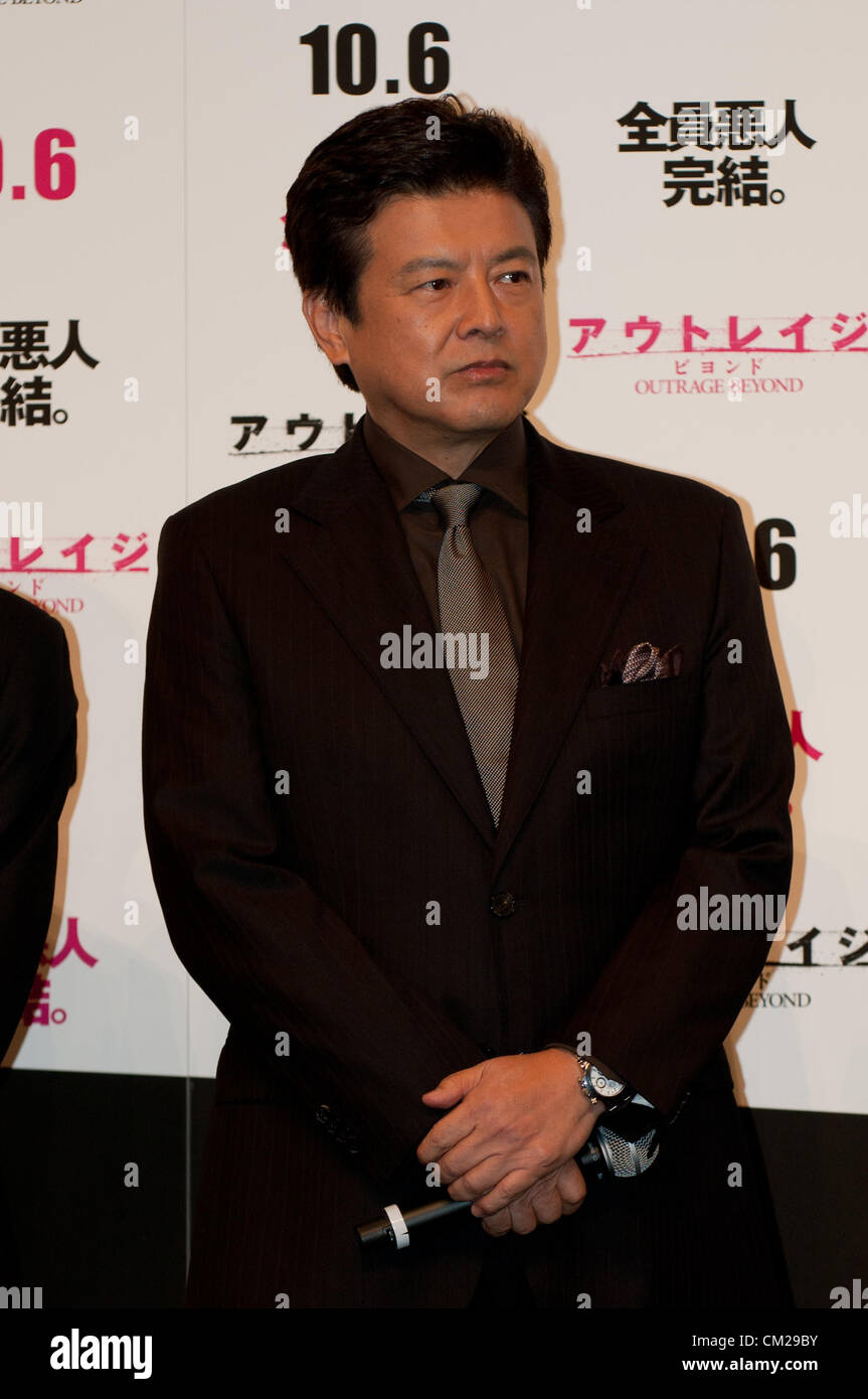 Tomokazu Miura, Sep 18, 2012 : Tokyo, Japan, Japanese actor Tomokazu Miura  appears at the Japan Premiere for ''OUTRAGE BEYOND'' by Takeshi Kitano in  the Iino Hall, Tokyo, Japan. This film will