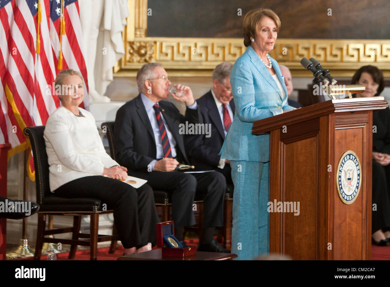 19 September 2012 - Washington,USA - House Minority Leader Nancy Pelosi congratulates Aung San Suu Kyi for her Congressional Gold Medal in the Capitol Rotunda. Photo Credit: Rudy K/Alamy Live News Stock Photo