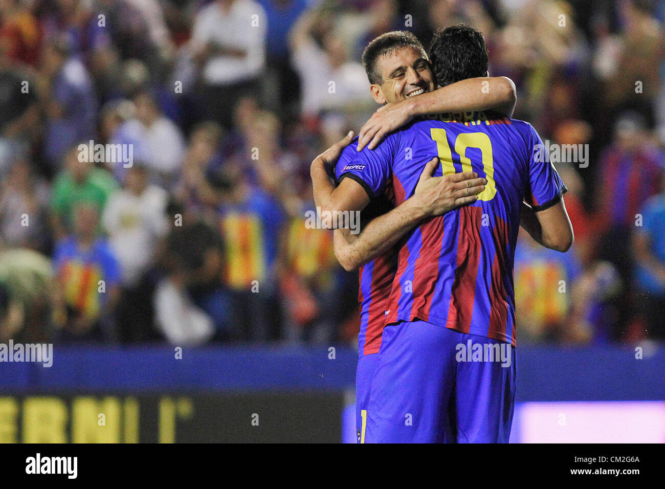 20/09/2012 - Europa League Football Europe, Group Matchday 1, Levante UD vs. Helsingborg - Ballesteros from LEvante UD (left) (c), celebrates victory with Iborra (right) at the end of the game Stock Photo