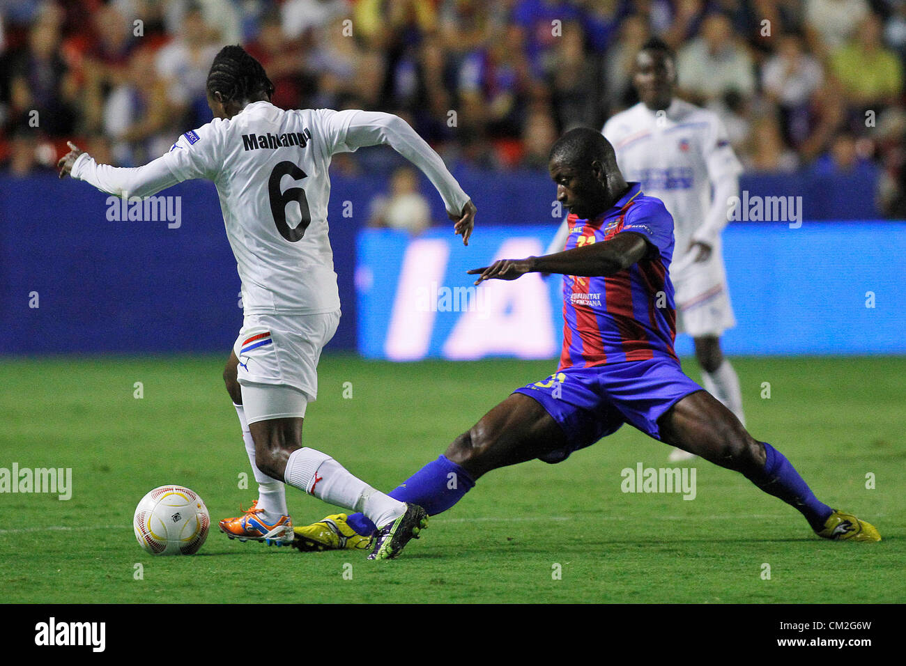 20/09/2012 - Europa League Football Europe, Group Matchday 1, Levante UD vs. Helsingborg - Diop from Levante (right) tries to tackle Mahiangu from Helsingborg Stock Photo