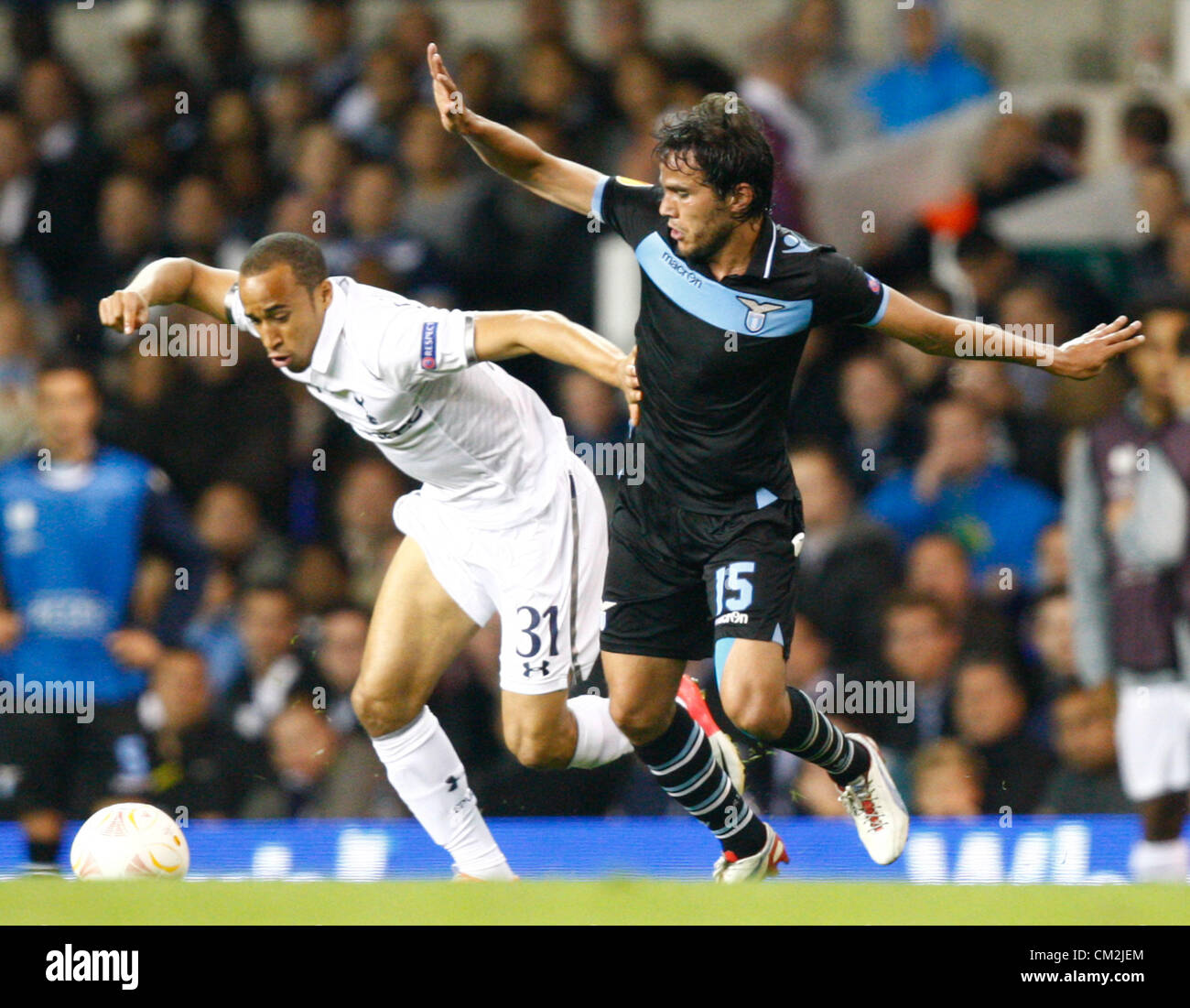 20.09.2012 London, ENGLAND:  Alvaro Gonzalez of S.S. Lazio and Andros Townsend of Tottenham Hotspur in action during the Europa League Group J match between Tottenham Hotspur and SS Lazio at White Hart Lane Stadium Stock Photo