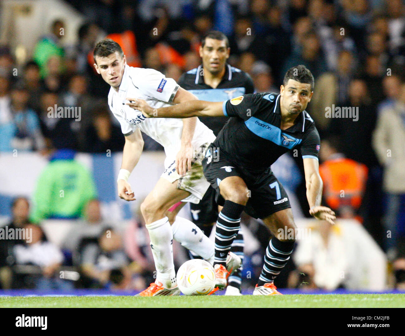 20.09.2012 London, ENGLAND:  Ederson of S.S. Lazio and Gareth Bale of Tottenham Hotspur in action during the Europa League Group J match between Tottenham Hotspur and SS Lazio at White Hart Lane Stadium Stock Photo
