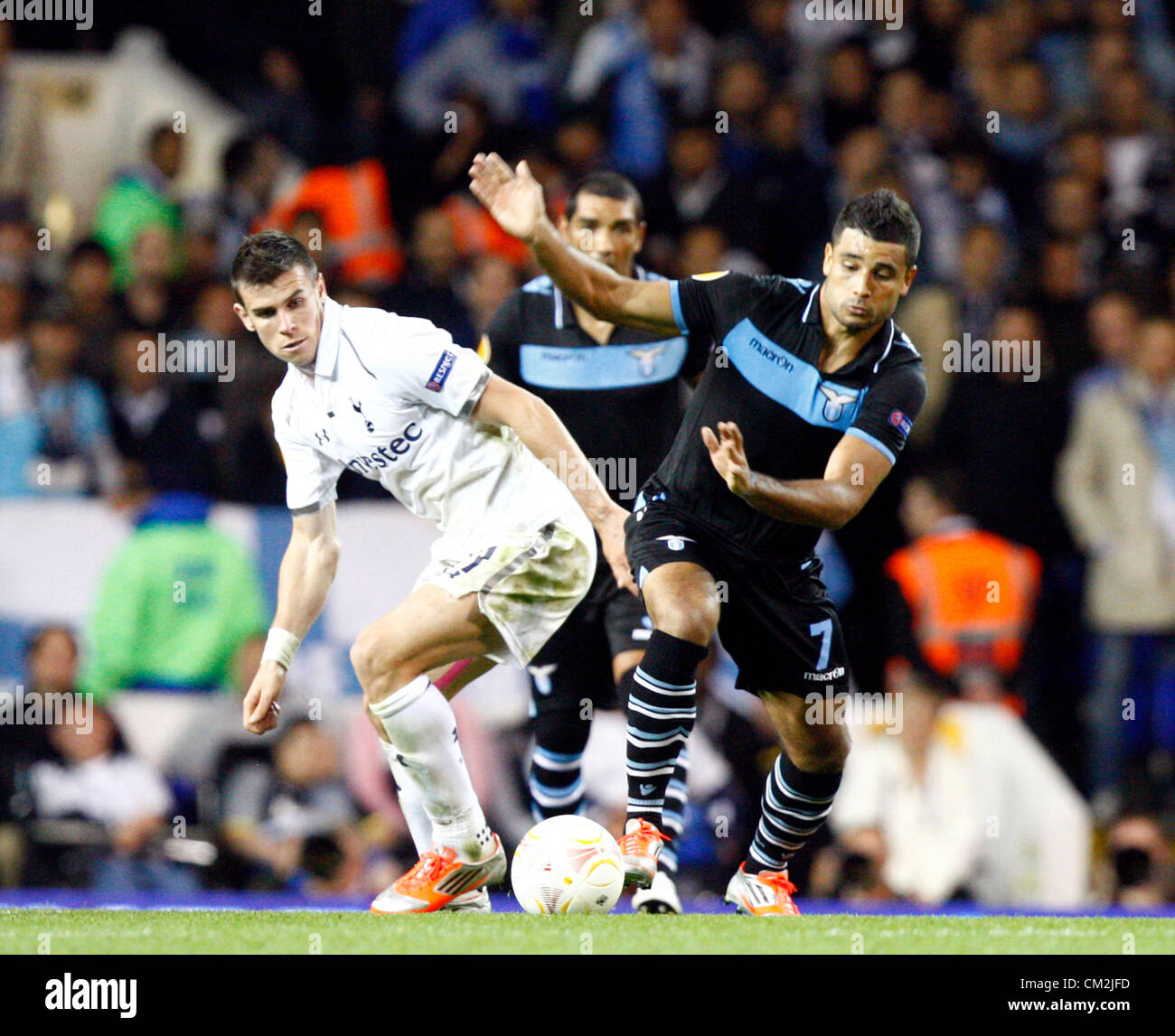 20.09.2012 London, ENGLAND:  Ederson of S.S. Lazio and Gareth Bale of Tottenham Hotspur in action during the Europa League Group J match between Tottenham Hotspur and SS Lazio at White Hart Lane Stadium Stock Photo