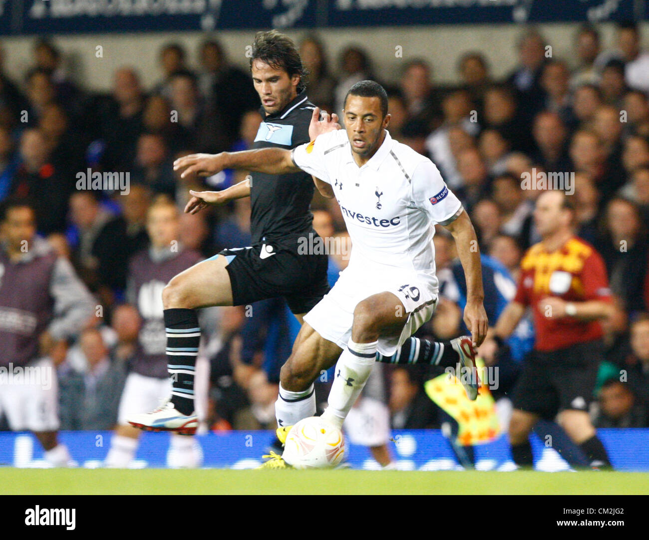 20.09.2012 London, ENGLAND:  Mouusa Dembele of Tottenham Hotspur  and Alvaro Gonzalez of S.S. Lazio in action during the Europa League Group J match between Tottenham Hotspur and SS Lazio at White Hart Lane Stadium Stock Photo