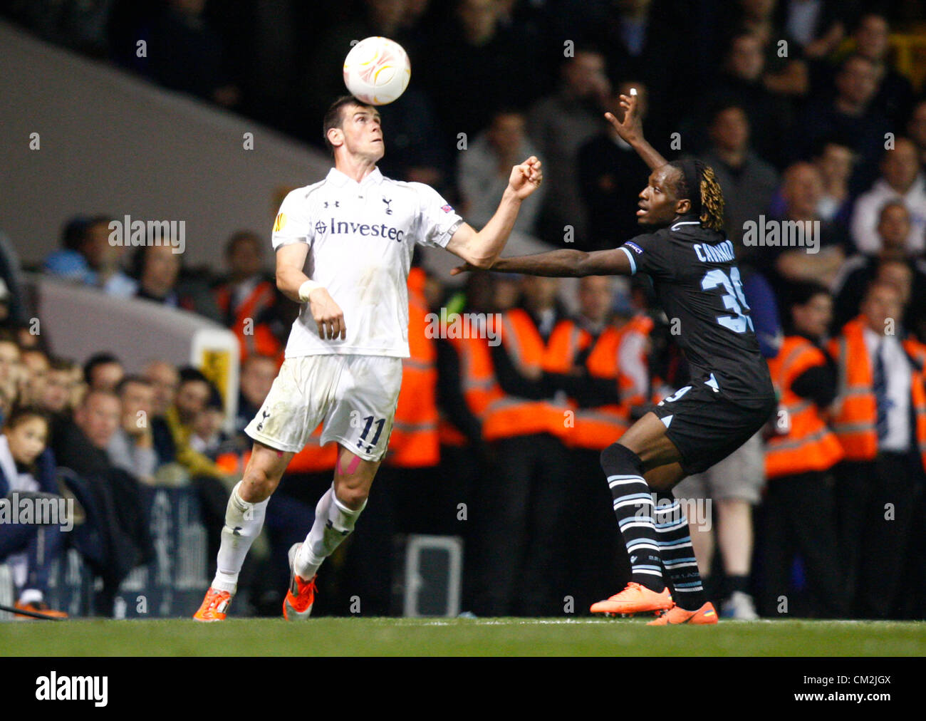 20.09.2012 London, ENGLAND:  Gareth Bale of Tottenham Hotspur and Luis Pedro Cavanda of S.S. Lazio in action during the Europa League Group J match between Tottenham Hotspur and SS Lazio at White Hart Lane Stadium Stock Photo