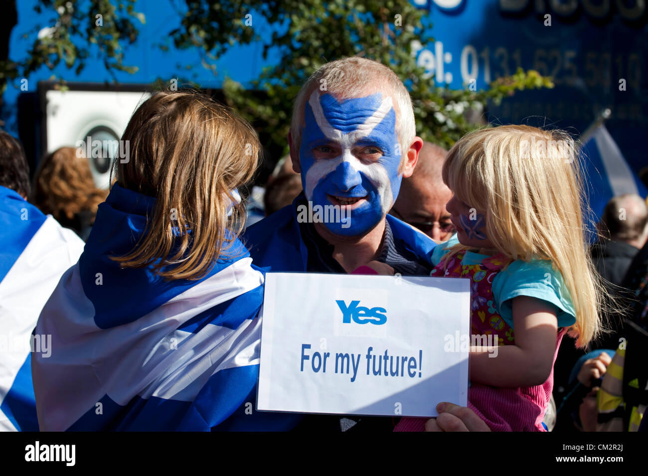 22 September 2012, Edinburgh, UK. an estimated five thousand people took part in an event in Edinburgh aimed at  demonstrating support for independence. Both young and old wearing saltire flags gathered in the Meadows  before marching to Princes Street Gardens. The rally was staged under the banner Independence for Scotland and is not part of the official Yes Scotland campaign. Stock Photo