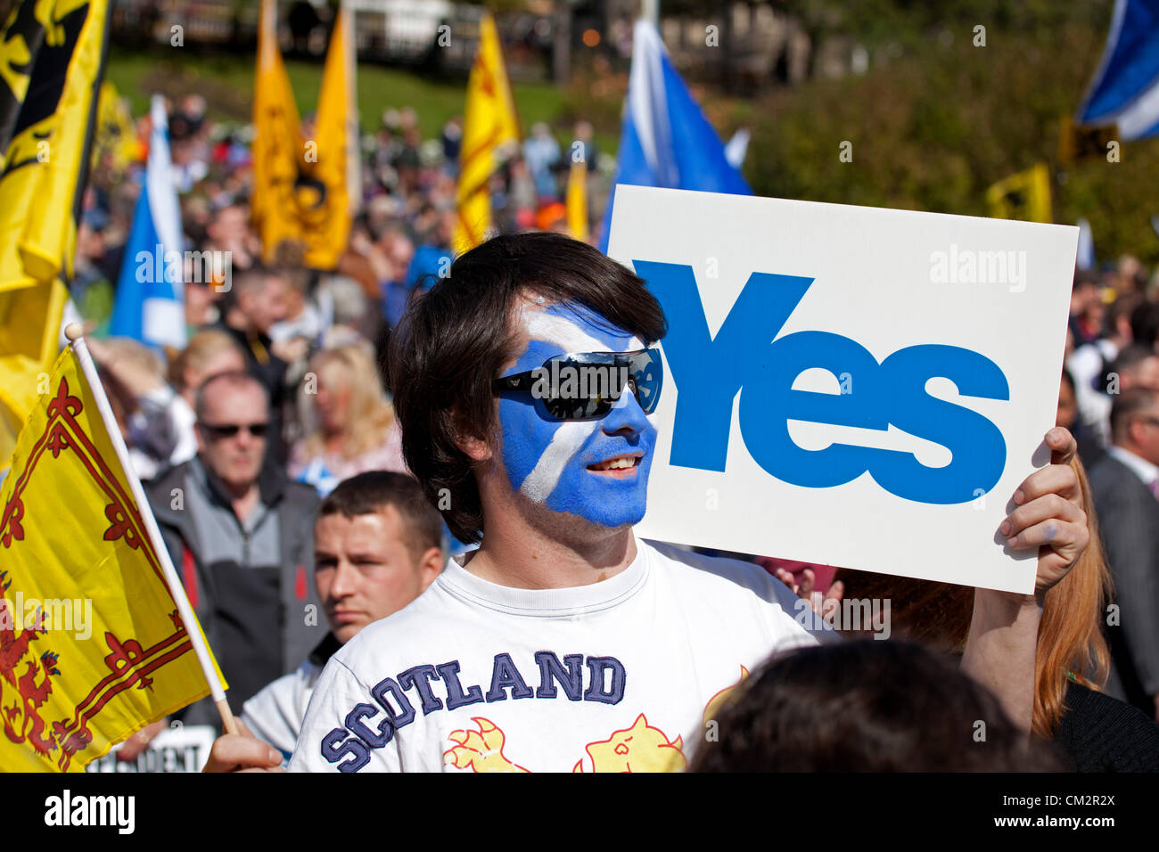 22 September 2012, Edinburgh, an estimated Five Thousand people took part in an event in the city aimed at  demonstrating support for independence.  Both young and old waving saltires and lion rampant flags gathered in  Princes Street Gardens.   The rally was staged under the banner Independence for Scotland and is not part of the official Yes Scotland campaign. Stock Photo