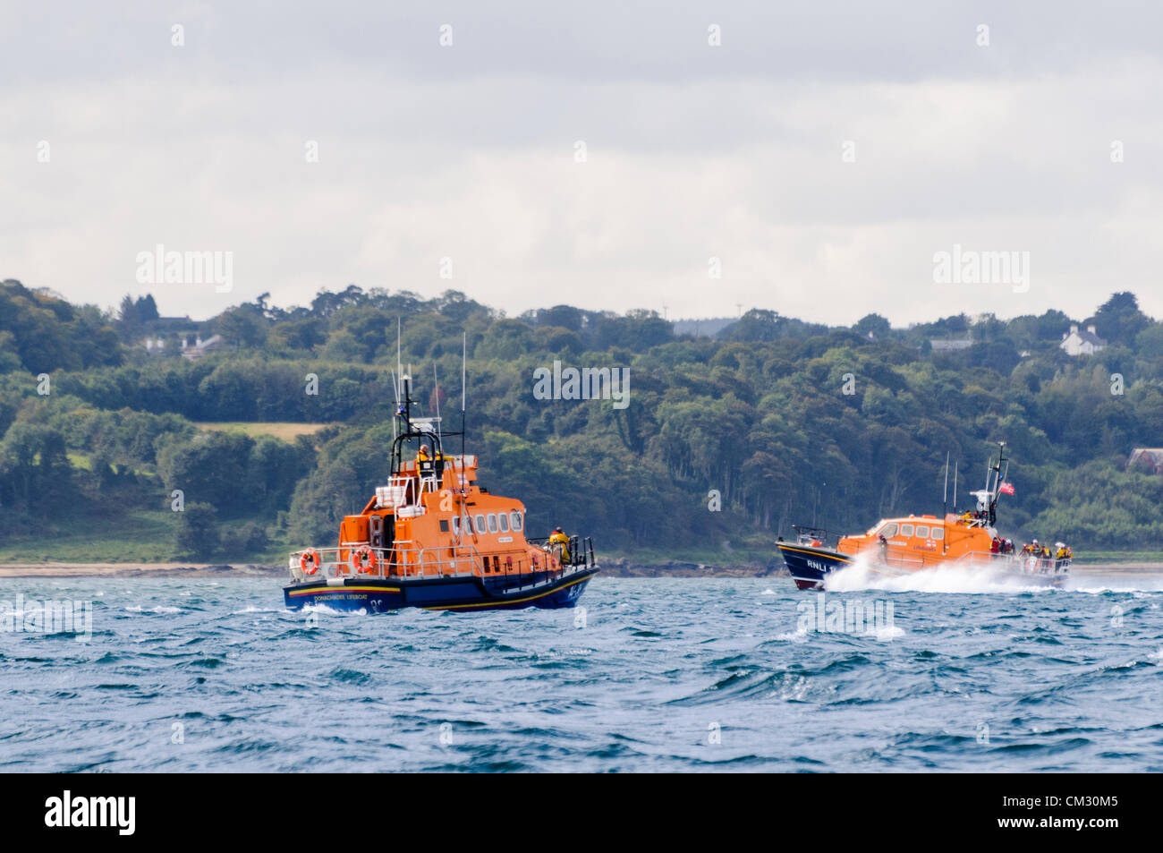 Bangor, County Down. 23/09/2012 - Donaghadee and Portpatrick RNLI lifeboat crews scan the sea for survivors and bodies.  Emergency Services hold "Operation Diamond", a joint training exercise off the coast of North Down. Stock Photo