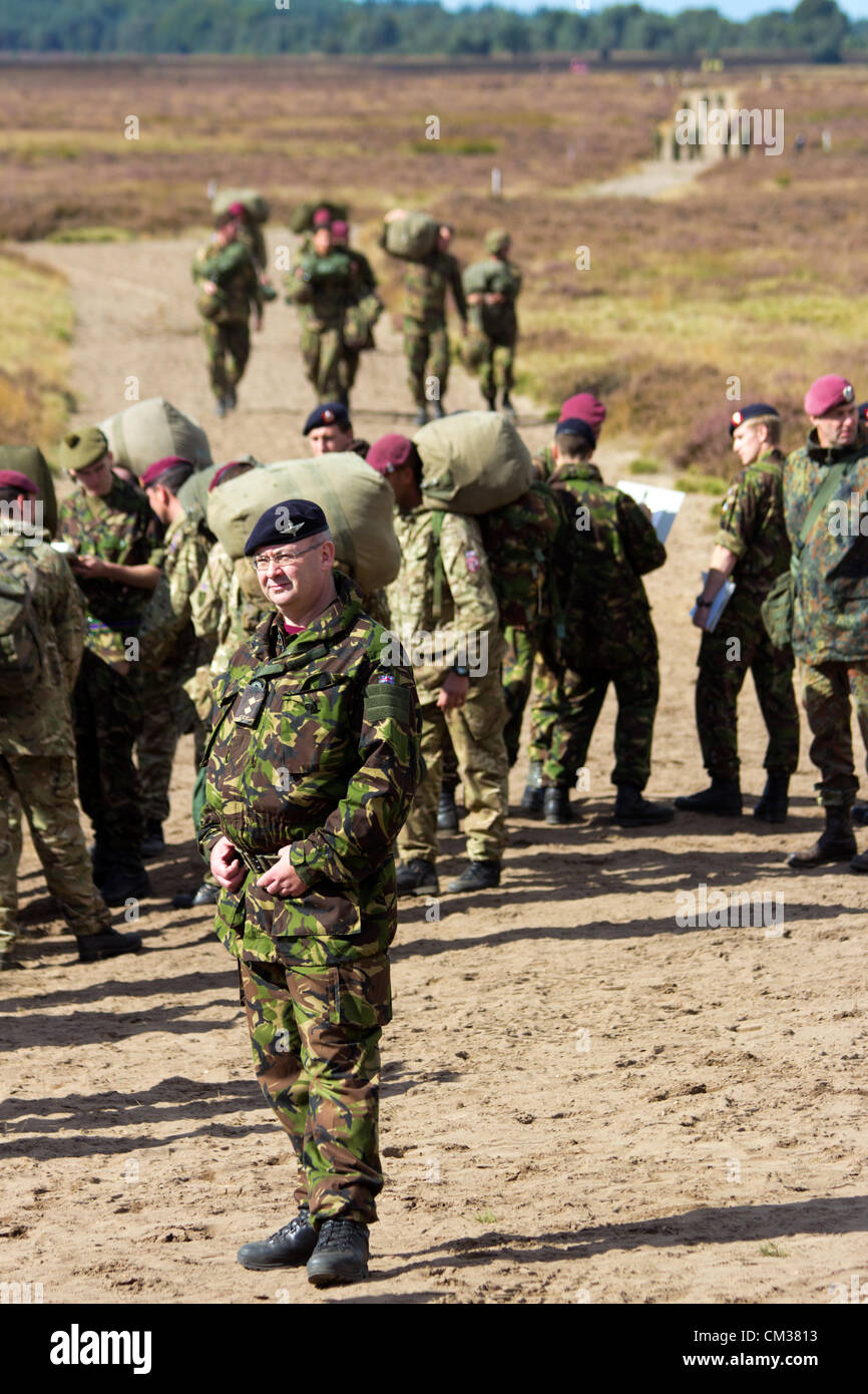 British officer coordinating flow of paratroopers during the Market Garden Memorial, Ginkelse Heide, The Netherlands, on Saturday September 22, 2012, 68 years after Operation Market Garden. Market Garden was a large Allied military operation in the same area during September 1944 Stock Photo