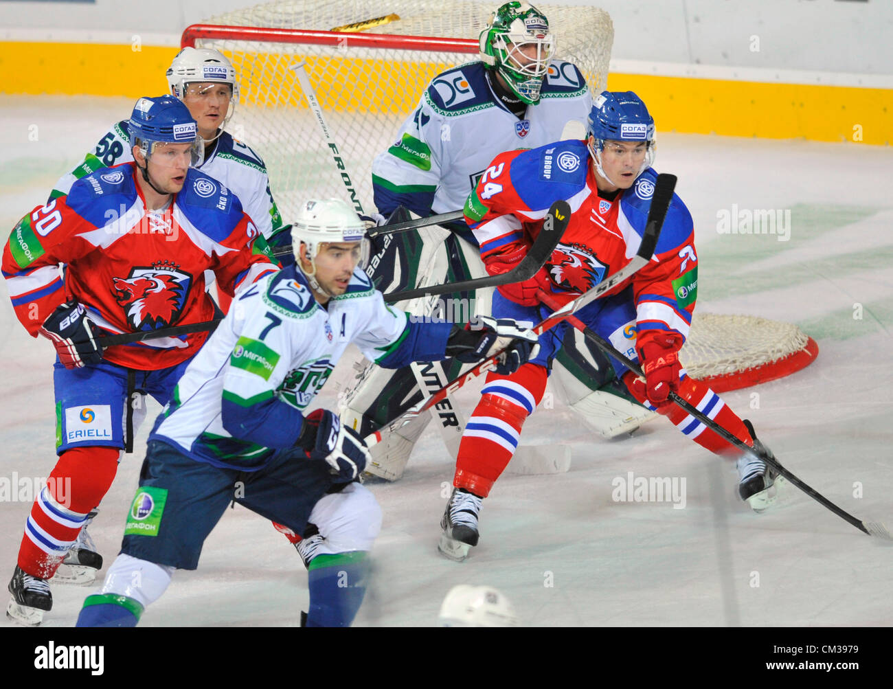 From left: Petr Vrana of Lev, Alexander Medvedev, Alexander Pepeljaev, Edgars Masalskis of  Chanty-Mansijsk and Jiri Hudler of Lev during the Kontinental Hockey League KHL match Lev Praha vs. Chanty-Mansijsk on September 24, 2012 in Prague, Czech Republic. (CTK Photo/Roman Vondrous) Stock Photo