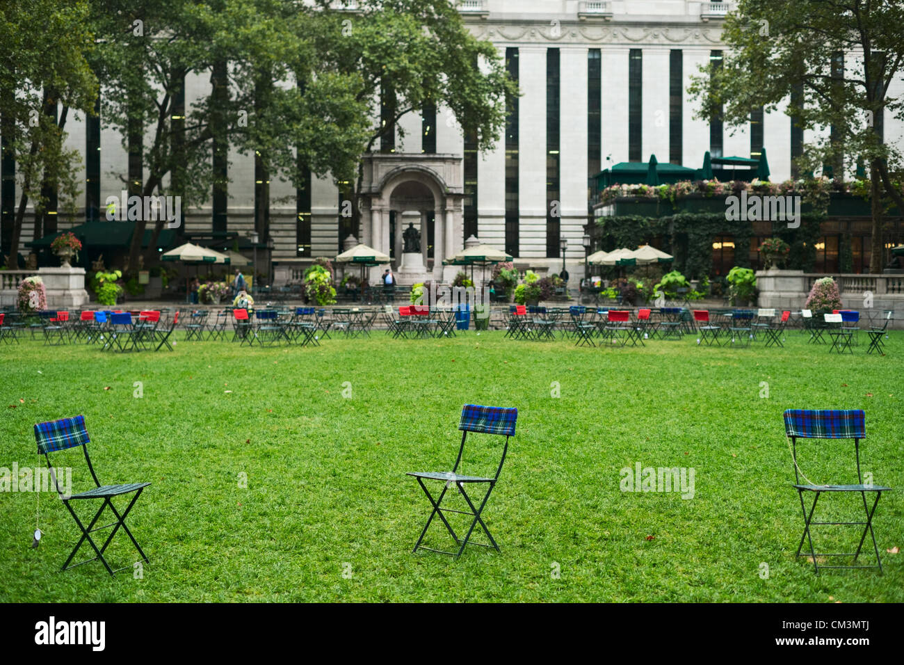 USA. September 27, 2012, New York, NY.  Harris wool fabric on chairs in New York's Bryant Park as part of the Campaign for Wool's new US marketing effort.  Britain's Prince Charles is a sponsor of the Campaign for Wool. Stock Photo
