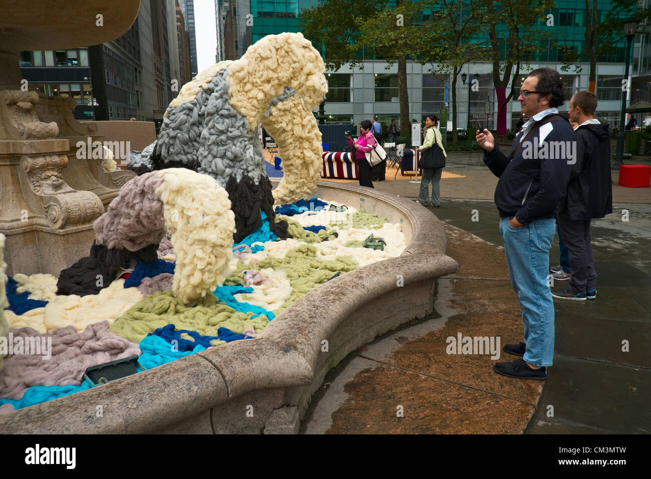 USA. September 27, 2012, New York, NY.  Wool replaces water in the fountain in New York's Bryant Park, as part of the Campaign for Wool's new US marketing effort.  Britain's Prince Charles is a sponsor of the Campaign for Wool. Stock Photo