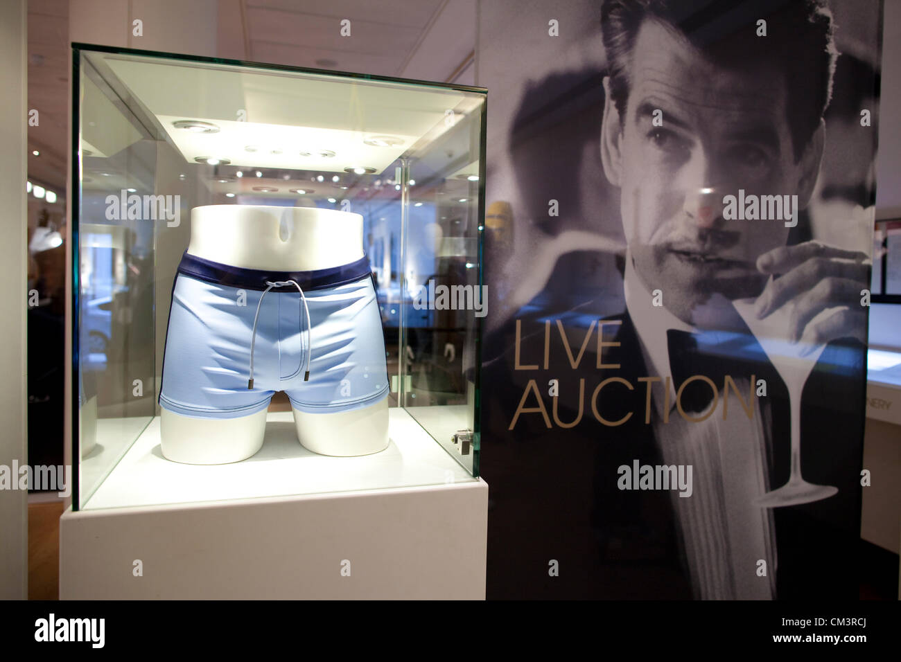 50 Years of James Bond The Auction at Christie's, London, UK 28.09.2012 To celebrate the 50th anniversary of James Bond on film, Christie's announces 50 Years of James Bond - The Auction, presenting the opportunity to acquire Bond memorabilia. Here - A pair of swimming trunks by La Perla, worn by Daniel Craig as James Bond in Casino Royale (2006) estimated at £3,000- 5,000 to be auctioned at Christie's online between 29th September until 5th October. Stock Photo